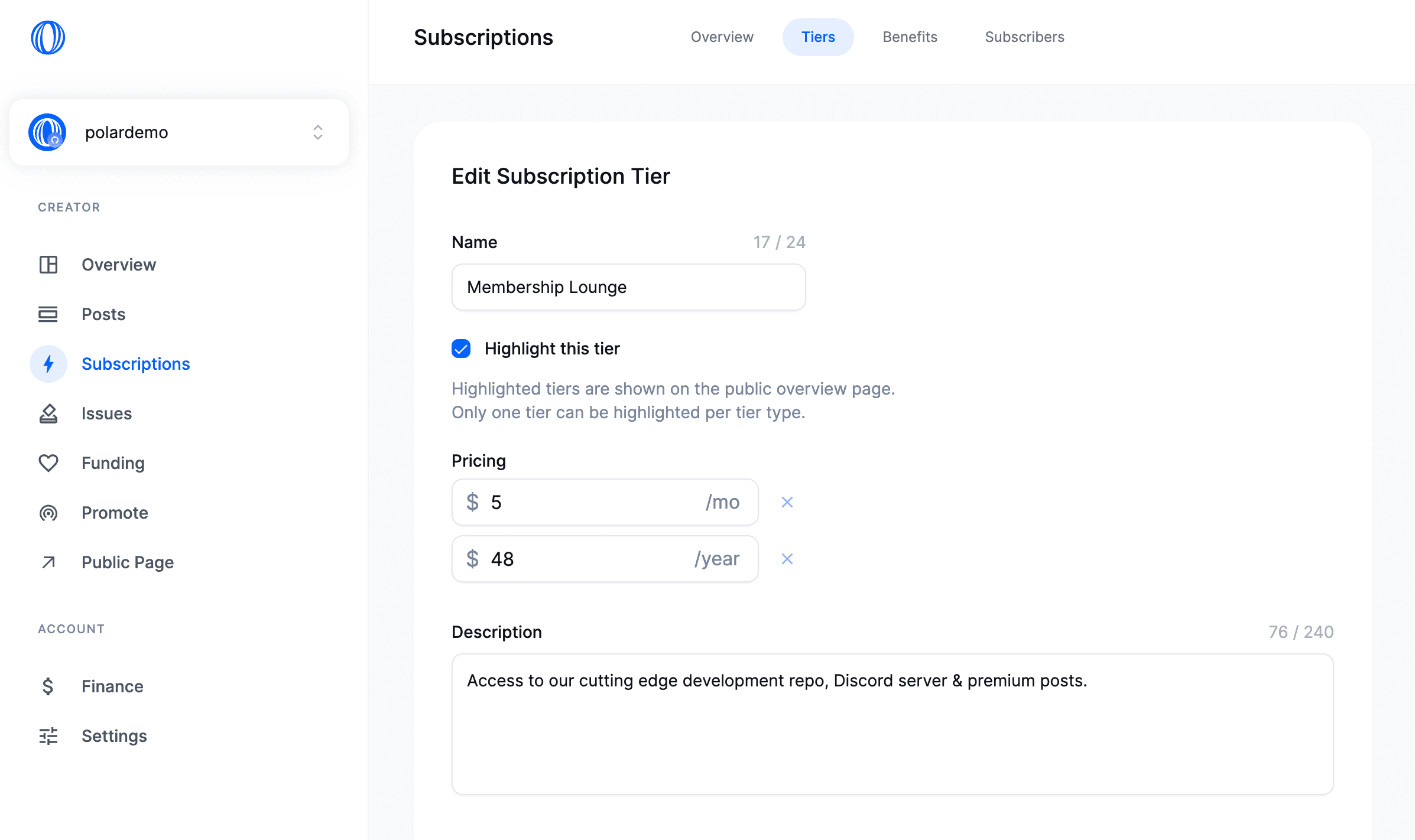 Edit tier - enter yearly pricing