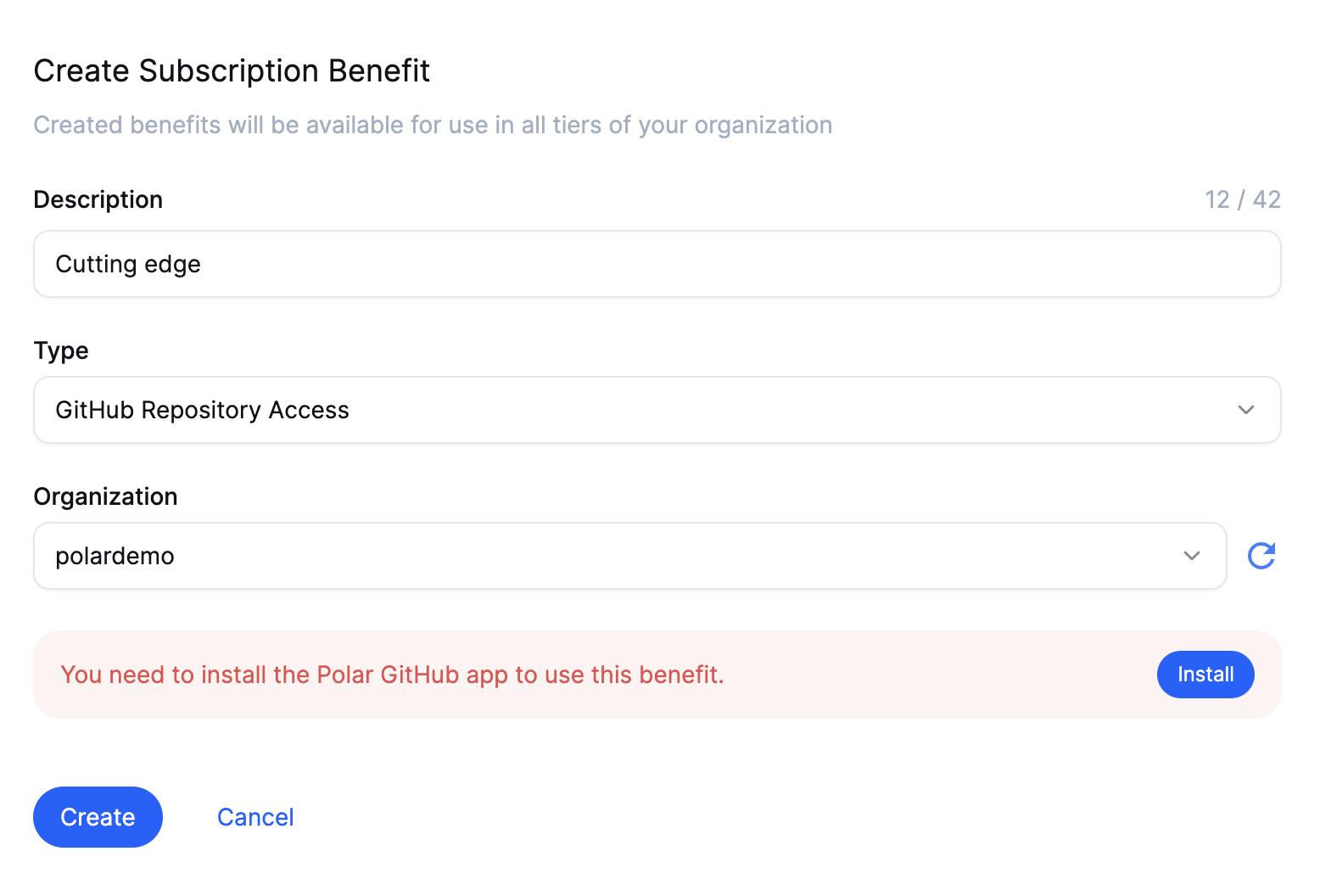 Create benefit - Install GitHub App